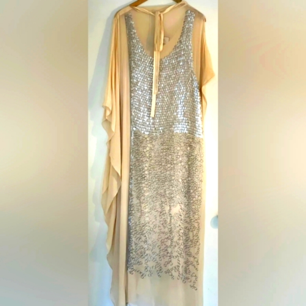 Zara Champagne Sequin Maxi Dress with Cape Overlay